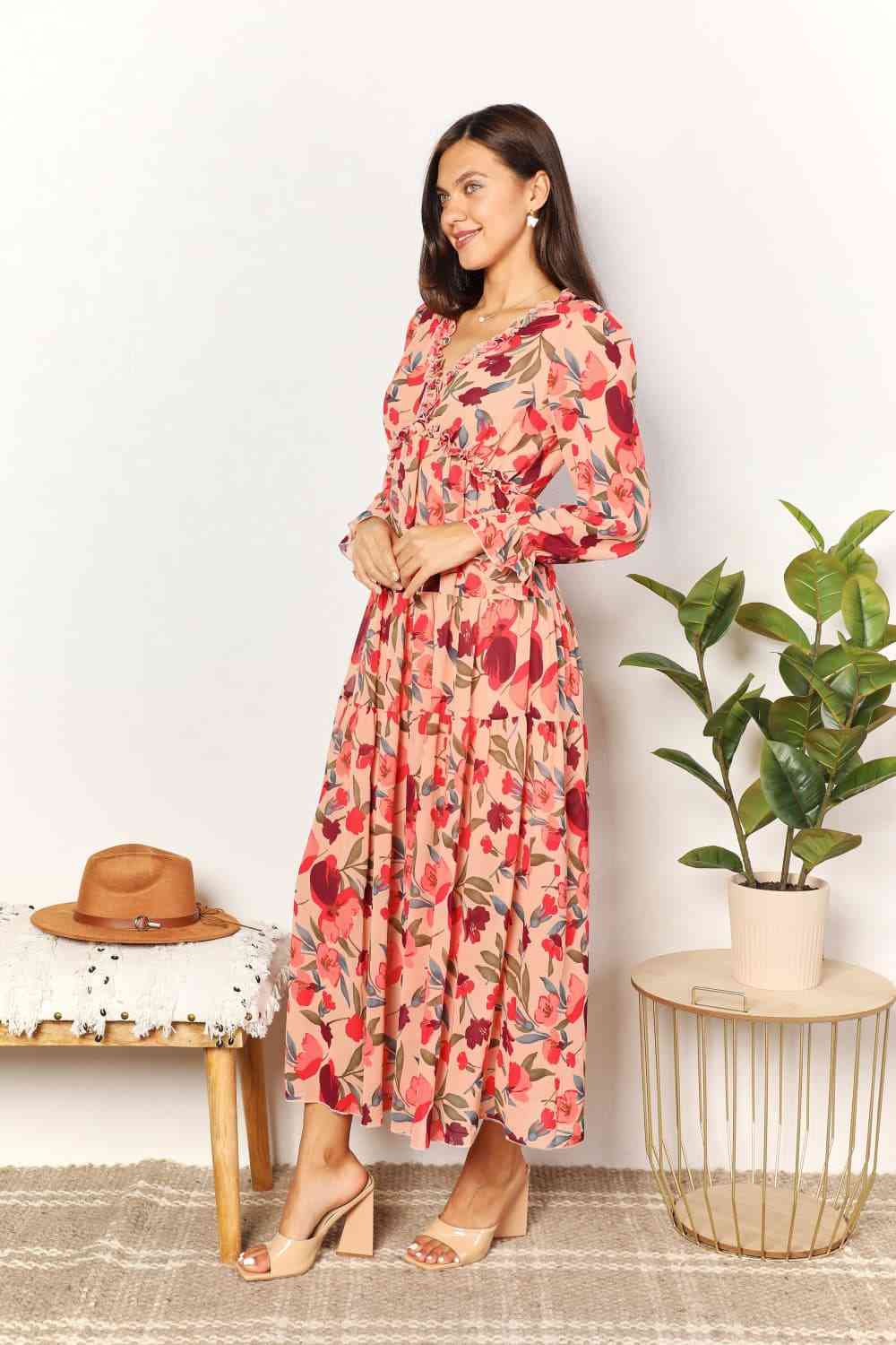 Double Take Floral Frill Trim Flounce Sleeve Plunge Maxi Dress for a perfect OOTD – dress to impress outfits from Amexza