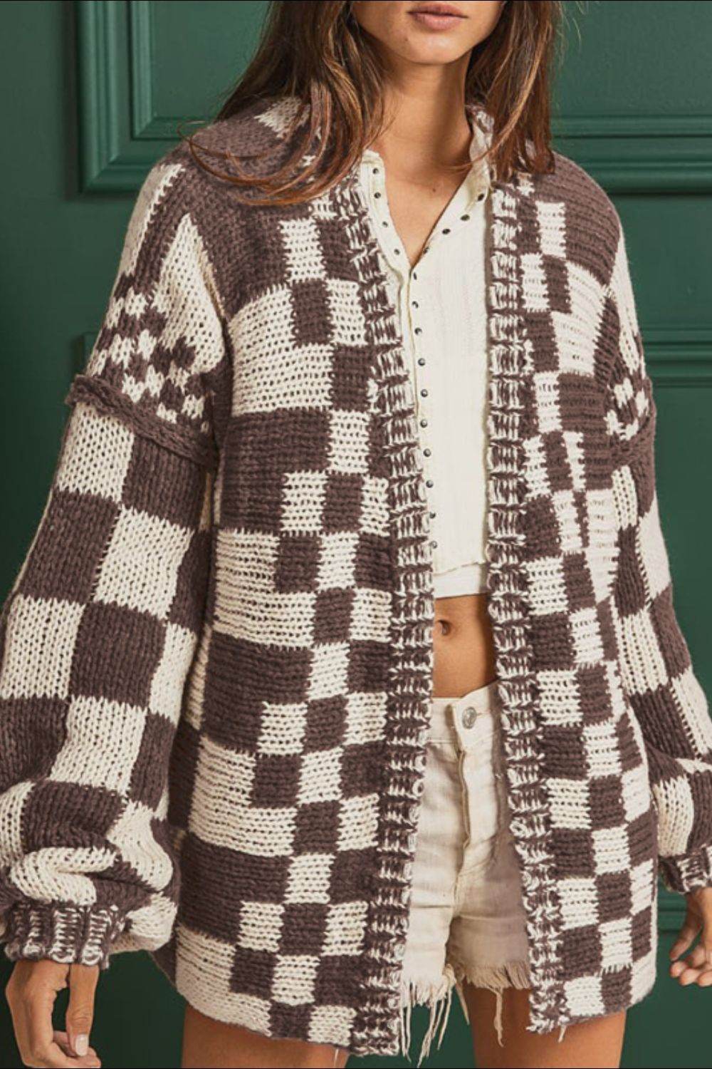 Checkered Open Front Long Sleeve Cardigan - Amexza