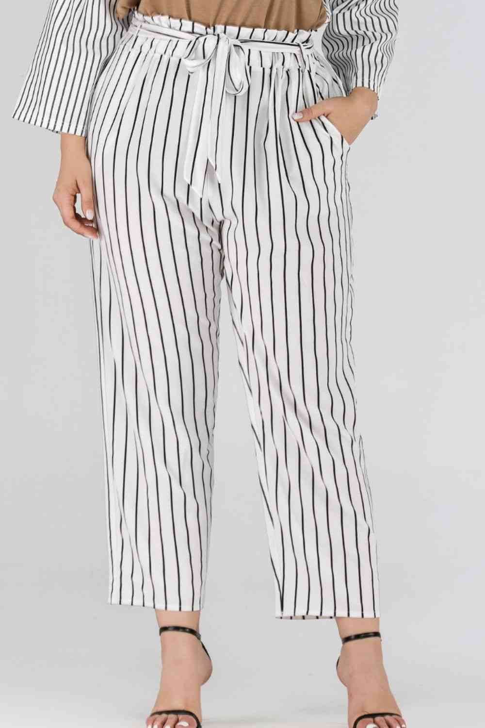 Full Size Striped Paperbag Waist Cropped Pants White for a perfect OOTD – dress to impress outfits from Amexza