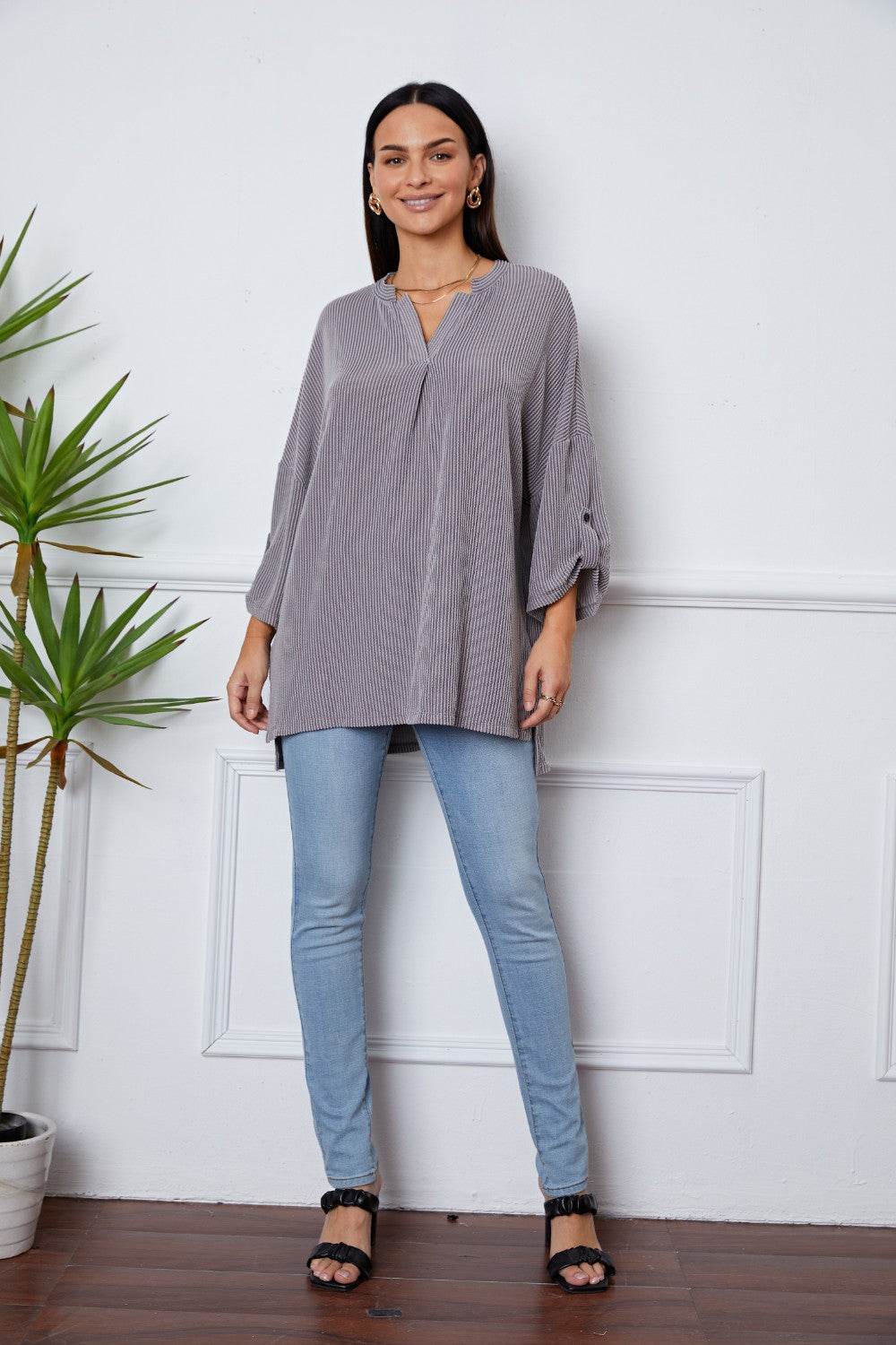 Notched Roll-Tab Sleeve Blouse - Amexza