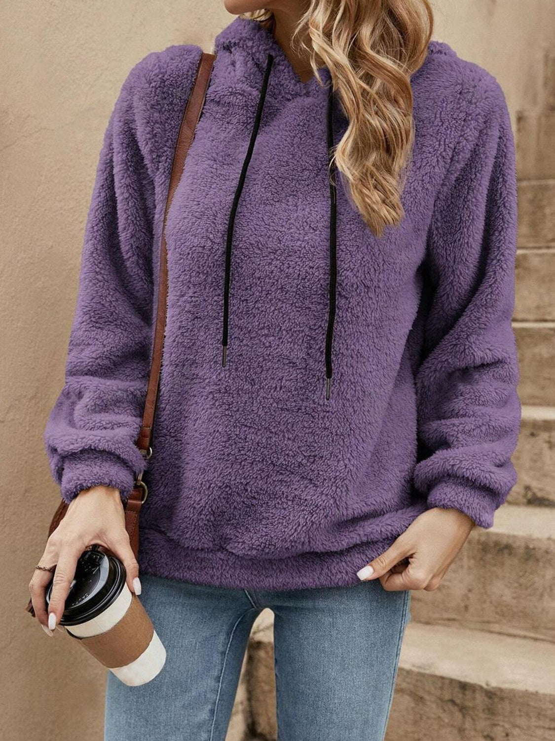 Drawstring Long Sleeve Fuzzy Hoodie Violet for a perfect OOTD – dress to impress outfits from Amexza