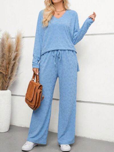 Flower V-Neck Long Sleeve Top and Pants Set for a perfect OOTD – dress to impress outfits from Amexza