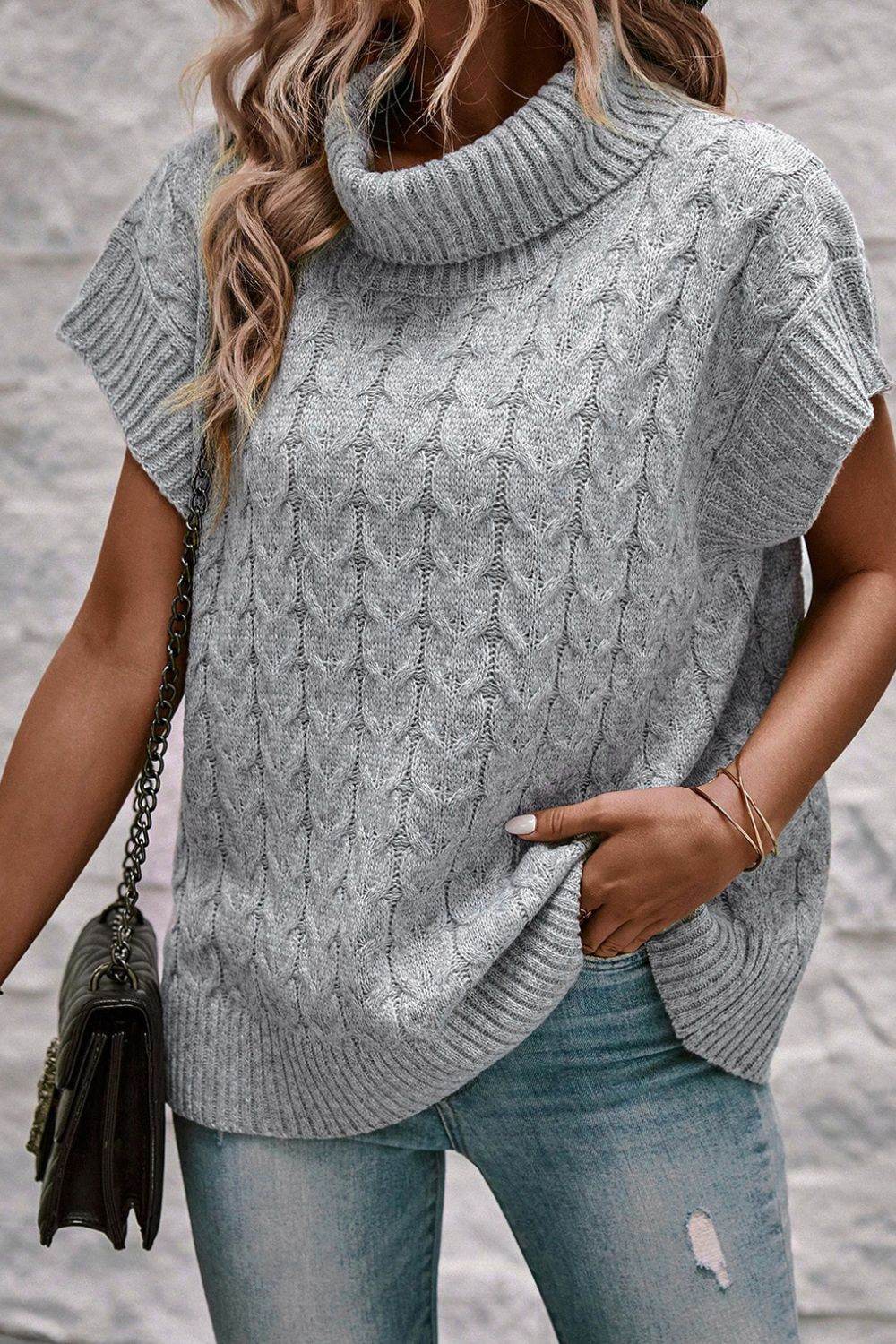 Cable Knit Turtleneck Short Sleeve Sweater for a perfect OOTD – dress to impress outfits from Amexza