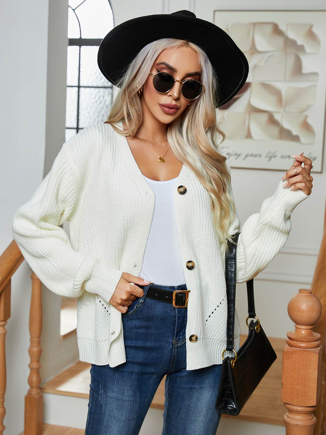 Button Up V-Neck Long Sleeve Cardigan White for a perfect OOTD – dress to impress outfits from Amexza