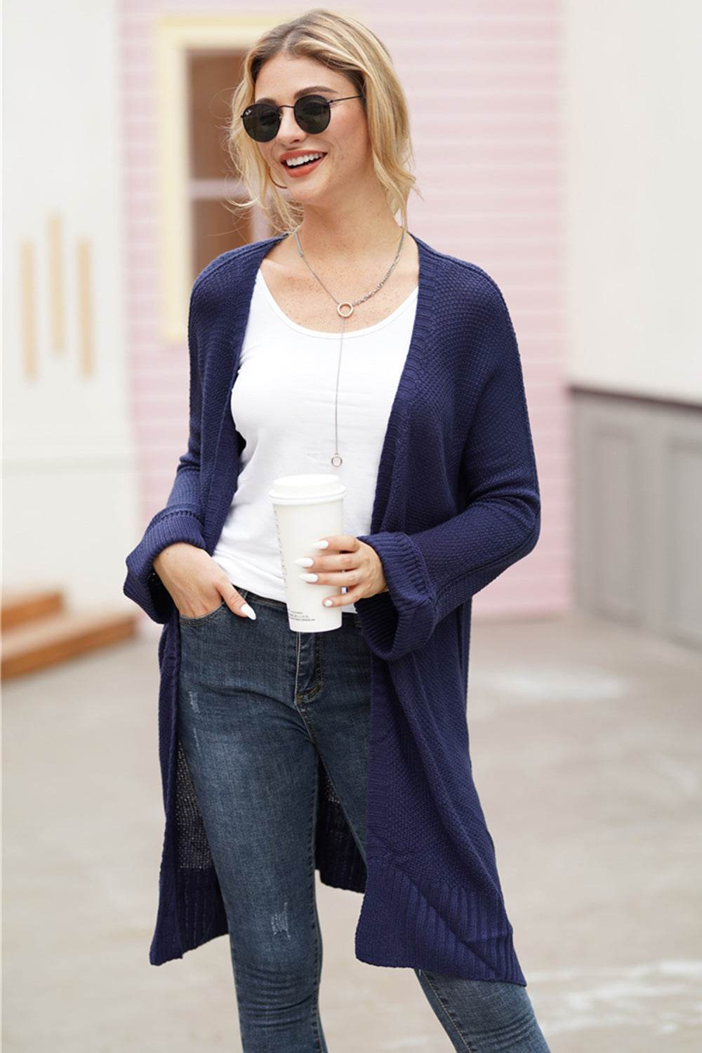 Open Front Long Sleeve Cardigan Dark Blue for a perfect OOTD – dress to impress outfits from Amexza