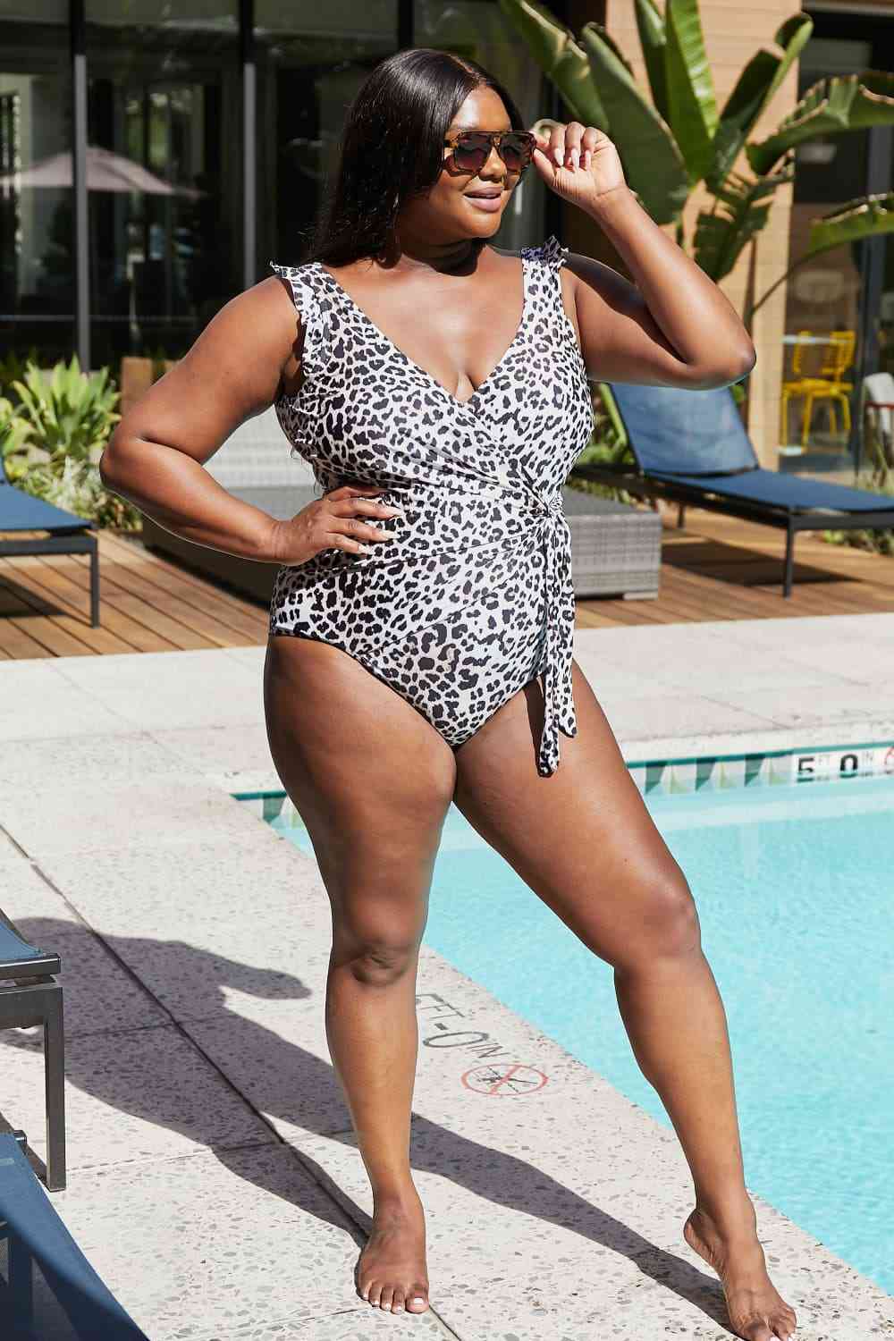 Marina West Swim Full Size Float On Ruffle Faux Wrap One-Piece in Cat for a perfect OOTD – dress to impress outfits from Amexza