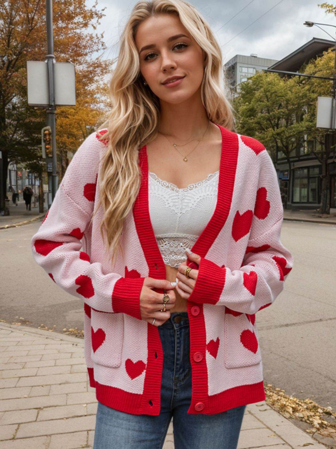 Heart Button Up Dropped Shoulder Long Sleeve Cardigan for a perfect OOTD – dress to impress outfits from Amexza