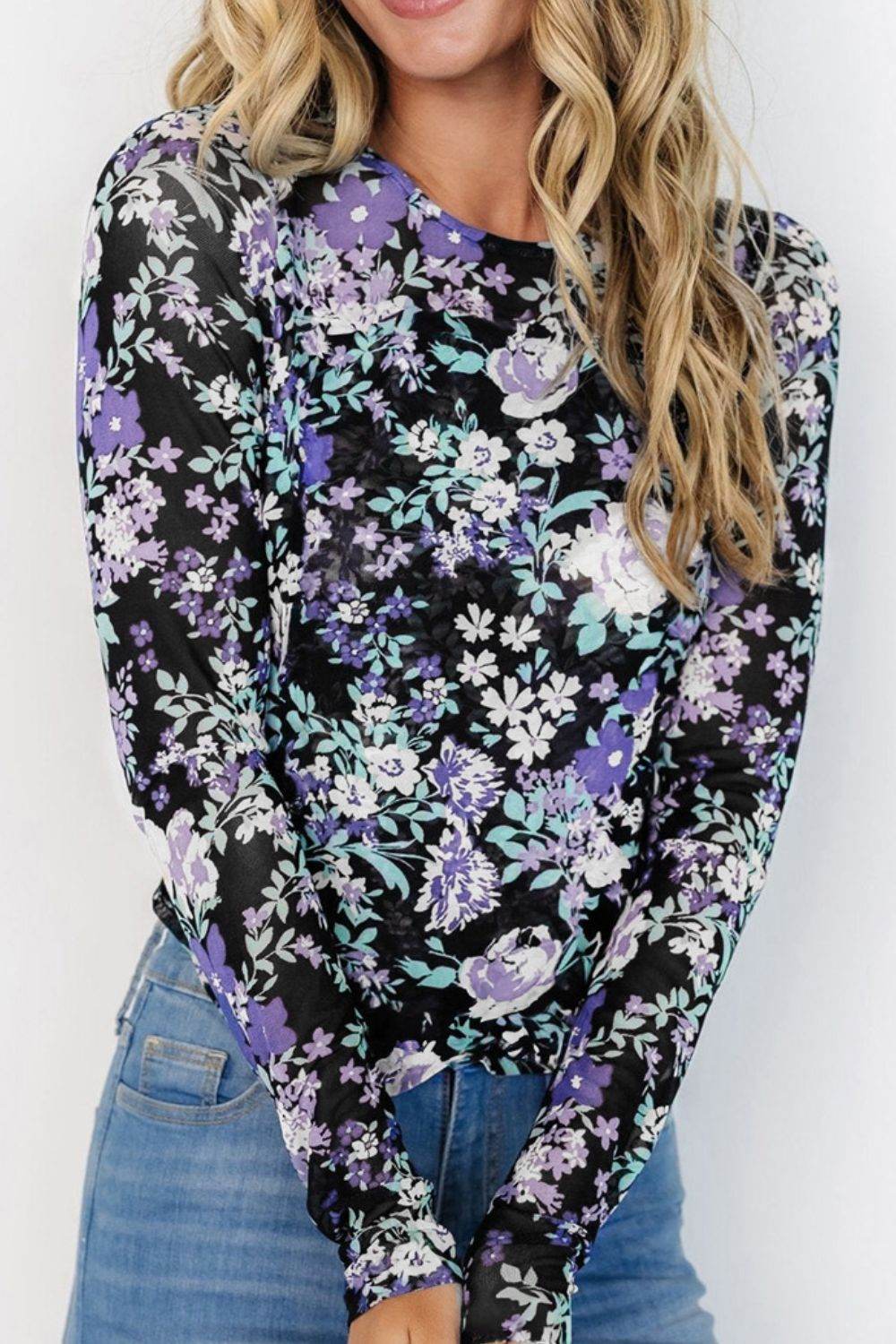 Floral Round Neck Long Sleeve T-Shirt - Amexza
