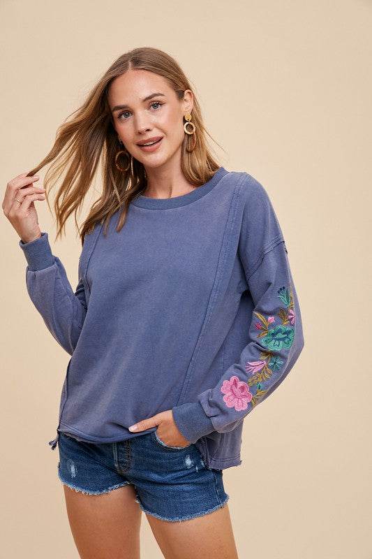 Annie Wear Embroidered Long Sleeve French Terry Top Washed Midnight for a perfect OOTD – dress to impress outfits from Amexza