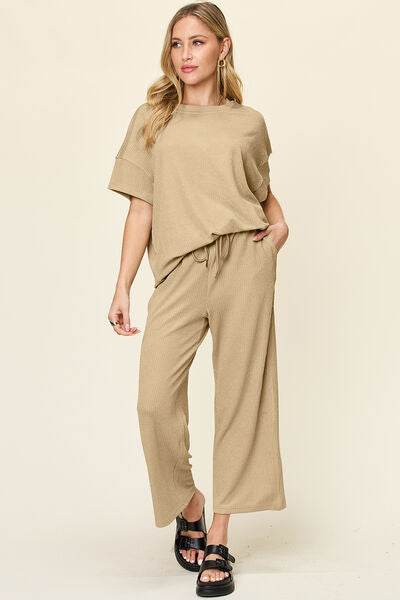 Double Take Full Size Texture Round Neck Short Sleeve T-Shirt and Wide Leg Pants Khaki for a perfect OOTD – dress to impress outfits from Amexza