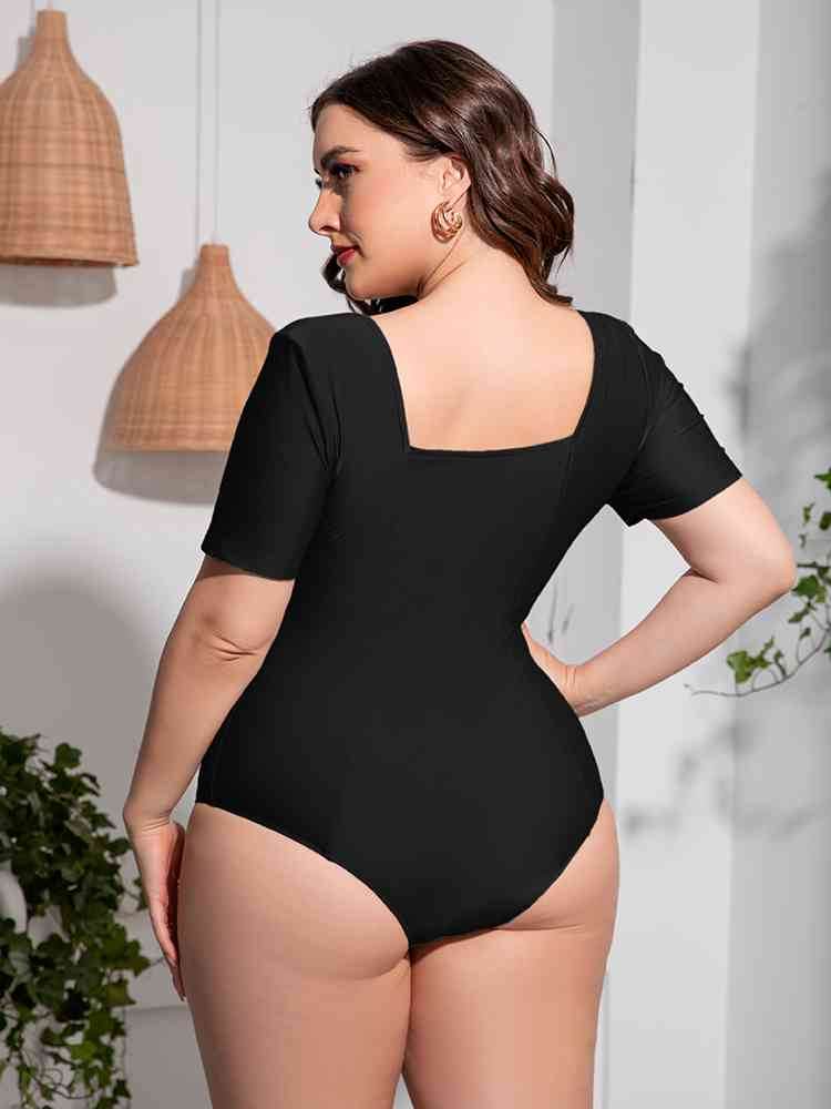 Plus Size Scoop Neck Short Sleeve One-Piece Swimsuit for a perfect OOTD – dress to impress outfits from Amexza