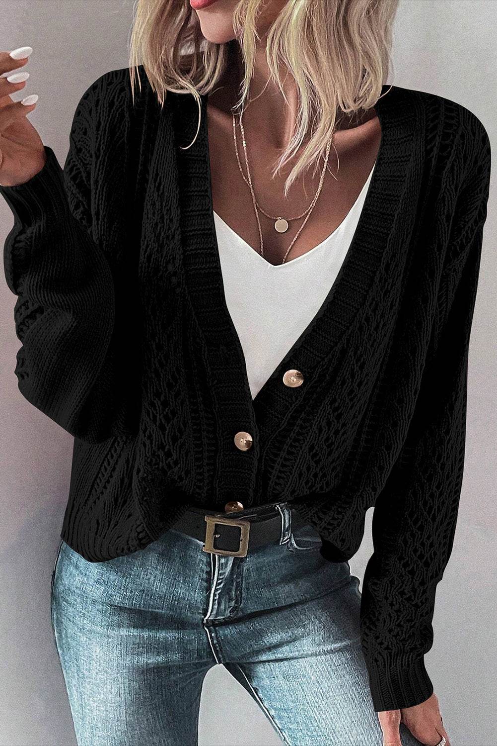 Openwork Button Up Long Sleeve Cardigan Black for a perfect OOTD – dress to impress outfits from Amexza