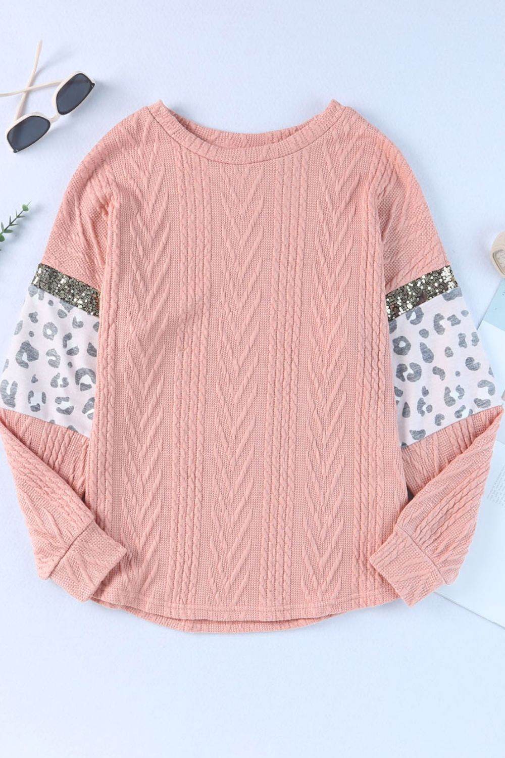 Sequin Leopard Round Neck Long Sleeve Sweater for a perfect OOTD – dress to impress outfits from Amexza