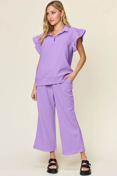 Double Take Texture Ruffle Short Sleeve Top and Drawstring Wide Leg Pants Set Lavender for a perfect OOTD – dress to impress outfits from Amexza