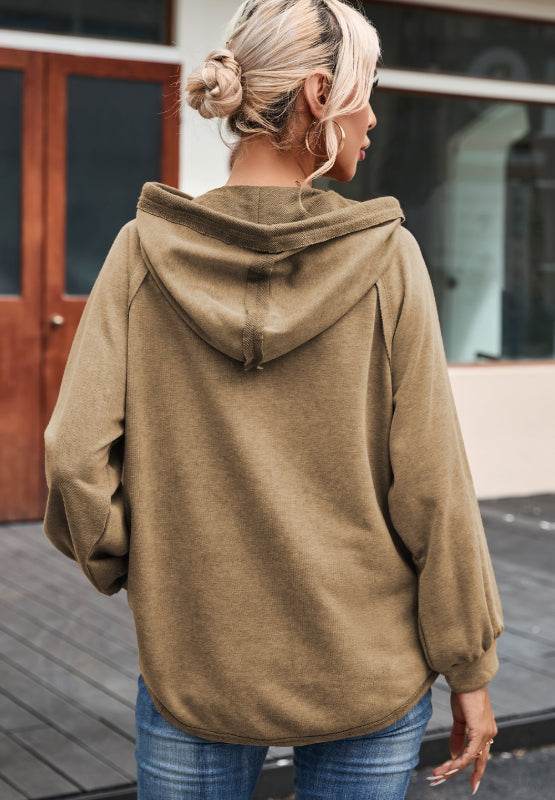 Waffled Knit Exposed Seam Drawstring Hoodie for a perfect OOTD – dress to impress outfits from Amexza