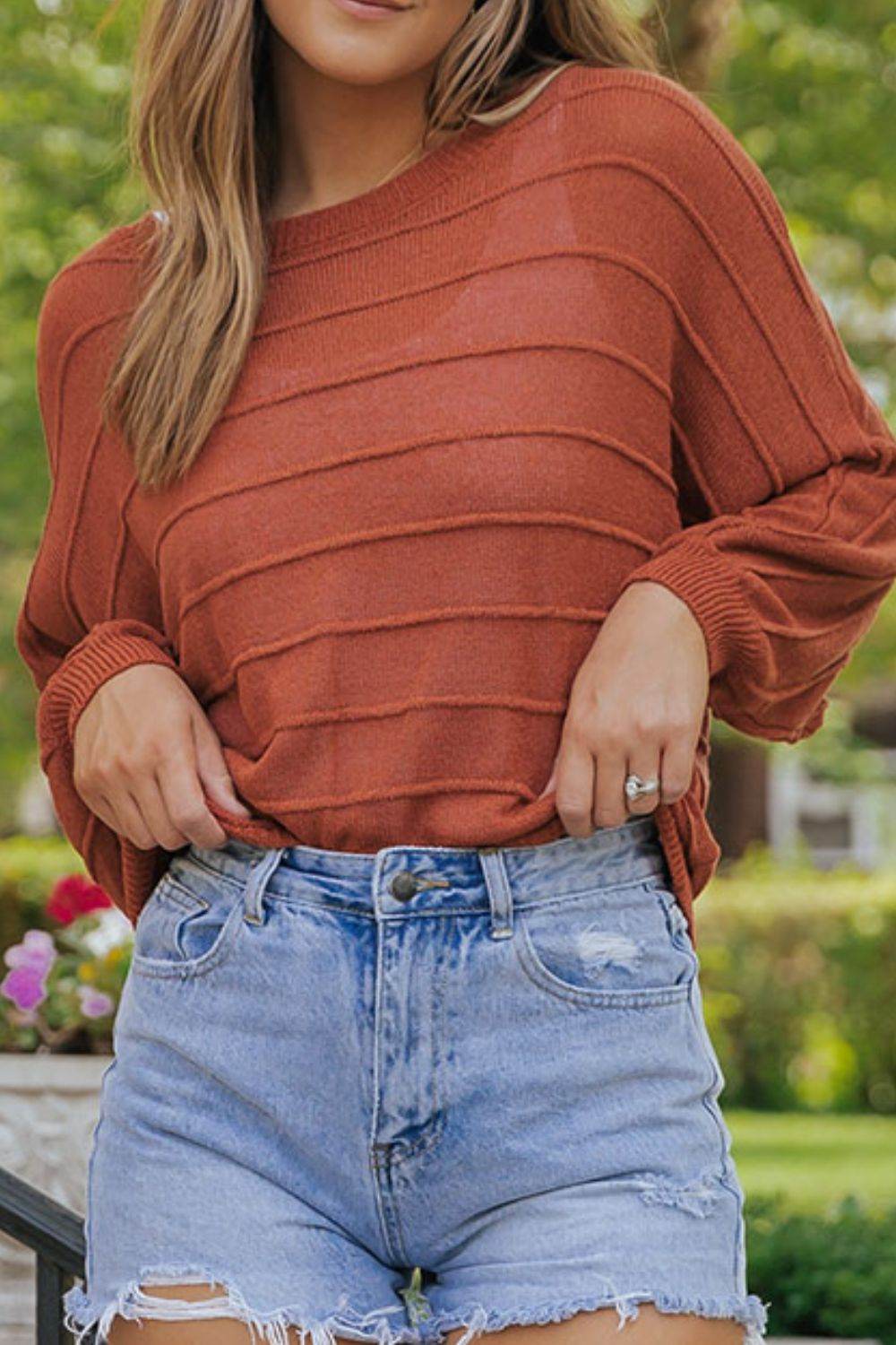 Round Neck Long Sleeve Knit Top - Amexza