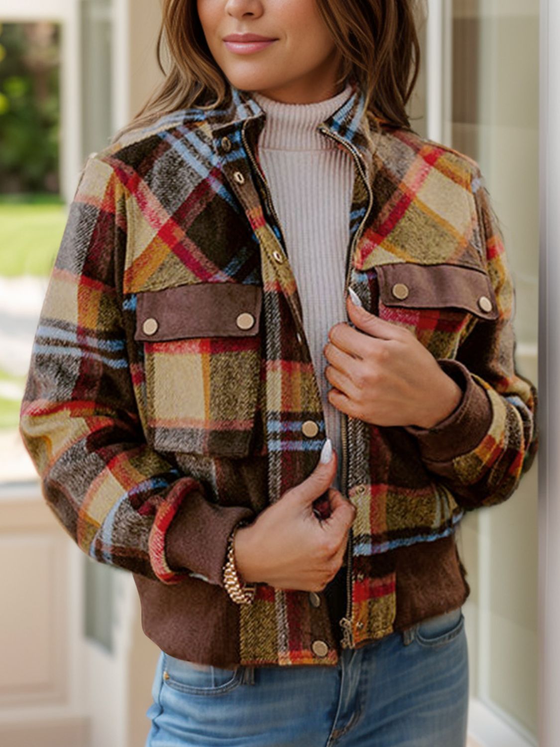 Pocketed Plaid Long Sleeve Jacket Plaid for a perfect OOTD – dress to impress outfits from Amexza