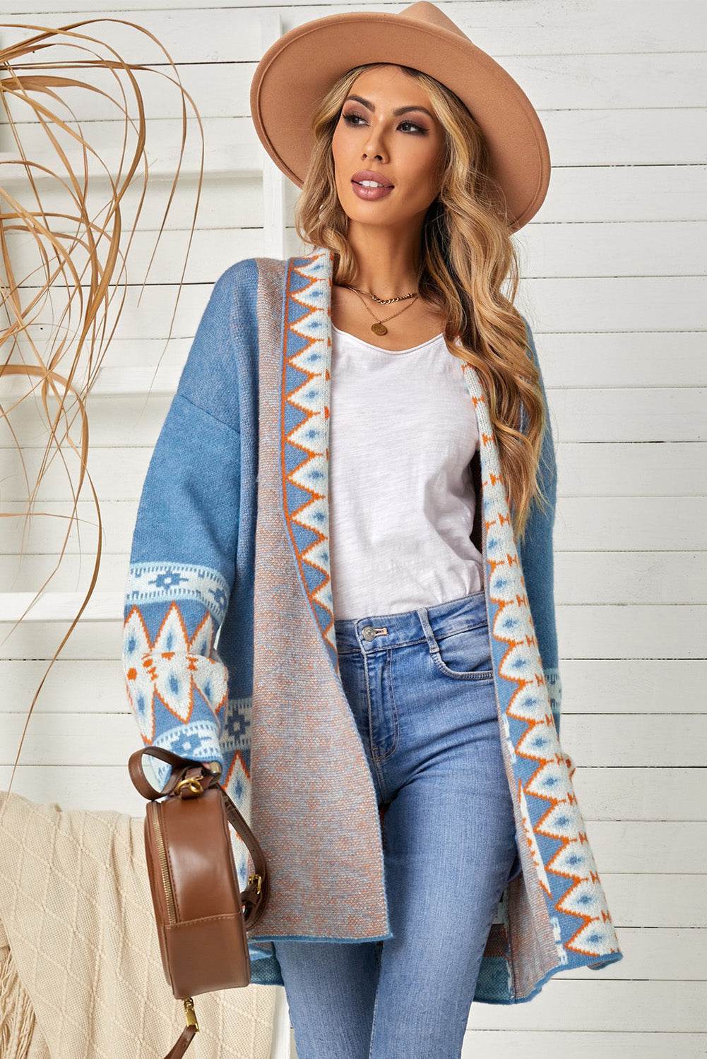 Geometric Open Front Long Sleeve Cardigan for a perfect OOTD – dress to impress outfits from Amexza