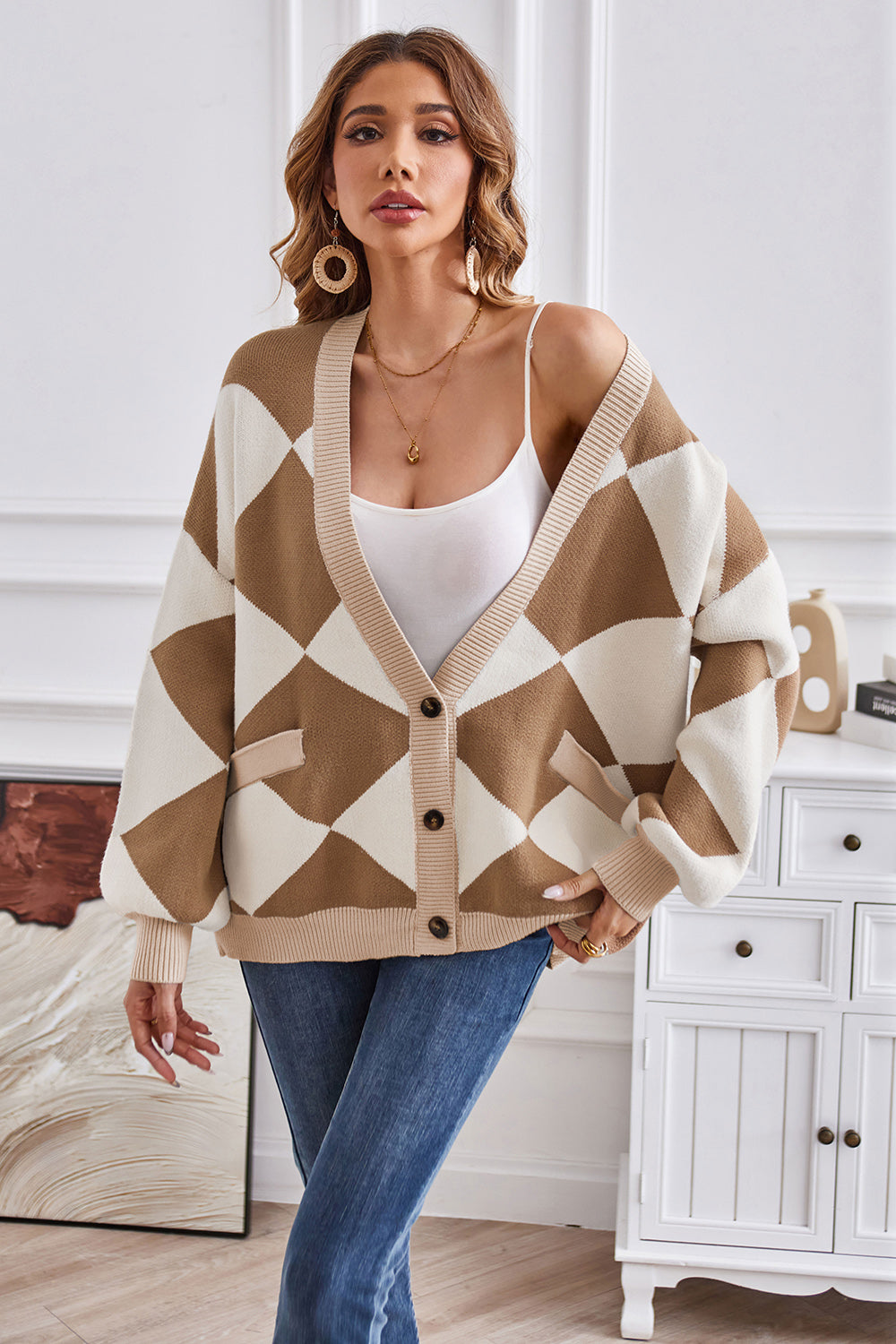 Geometric Lantern Sleeve Cardigan with Pockets Camel for a perfect OOTD – dress to impress outfits from Amexza