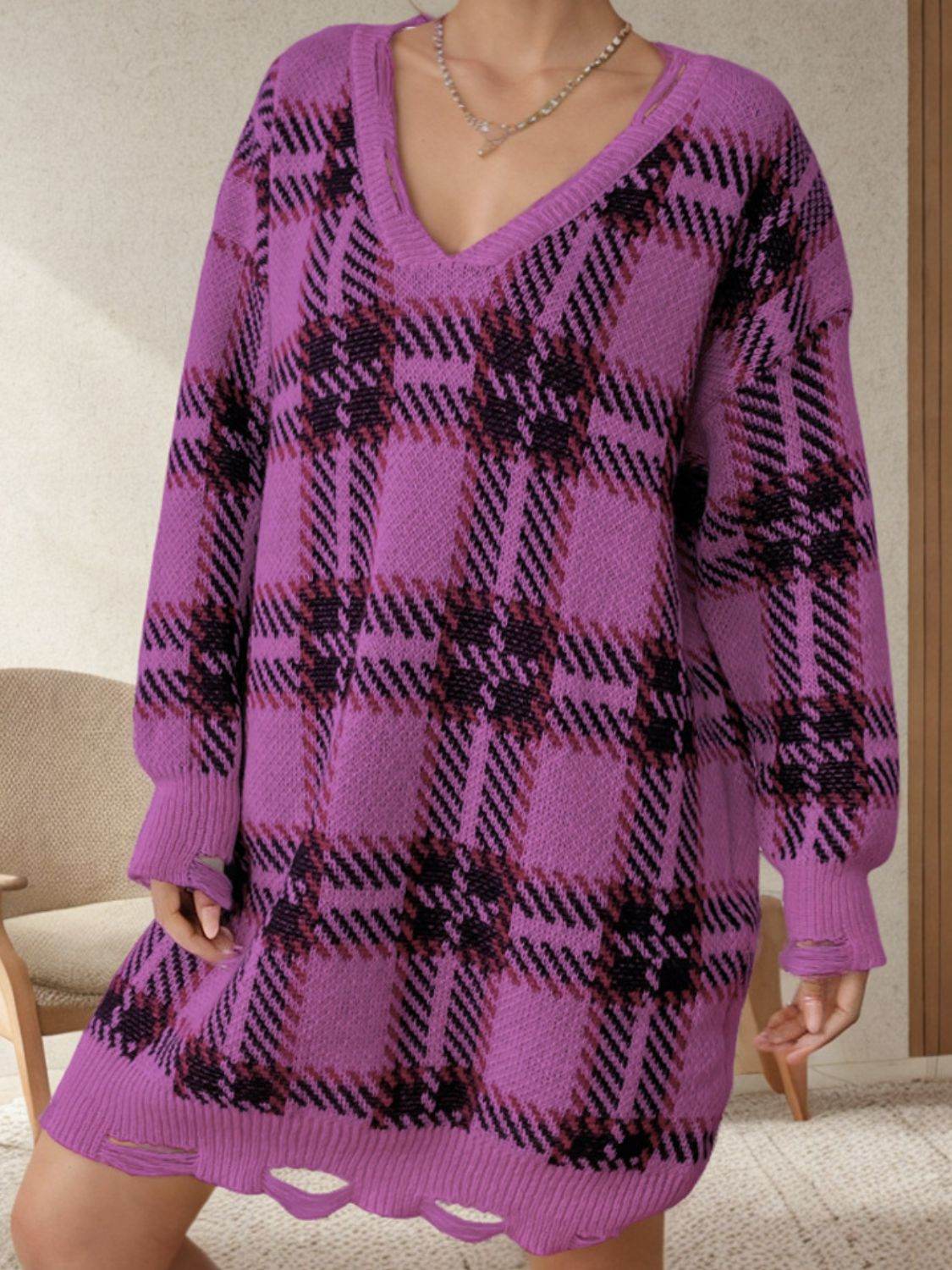 Distressed Plaid V-Neck Long Sleeve Sweater Dress Red-Violet One Size for a perfect OOTD – dress to impress outfits from Amexza