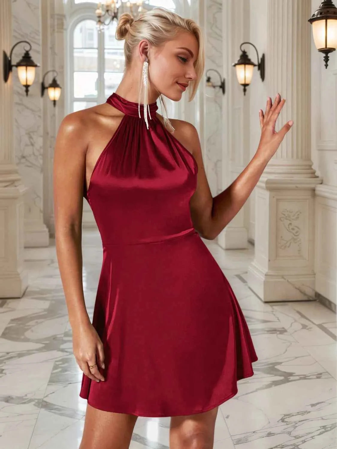 Ruched Grecian Neck Mini Dress