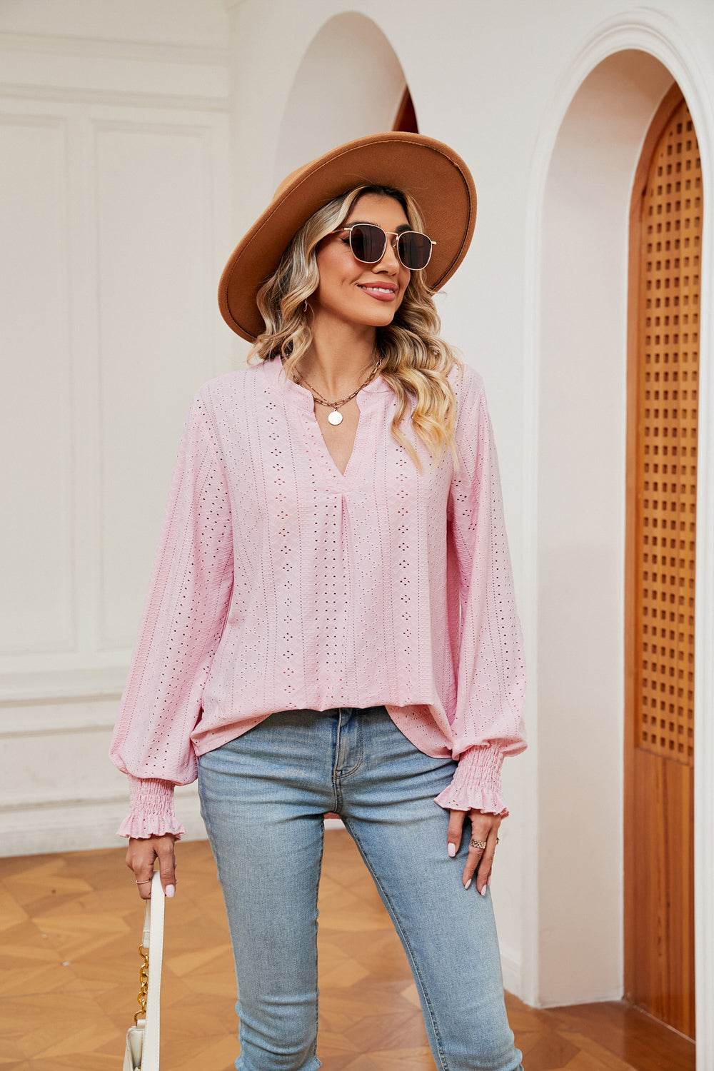 Notched Neck Flounce Sleeve Blouse Blush Pink for a perfect OOTD – dress to impress outfits from Amexza