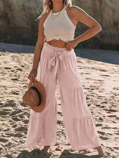 Tied Ruched Wide Leg Pants - Amexza