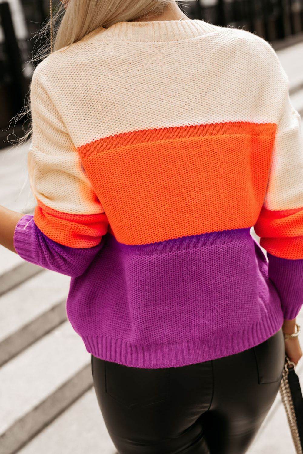 Color Block Drop Shoulder Round Neck Sweater - Amexza