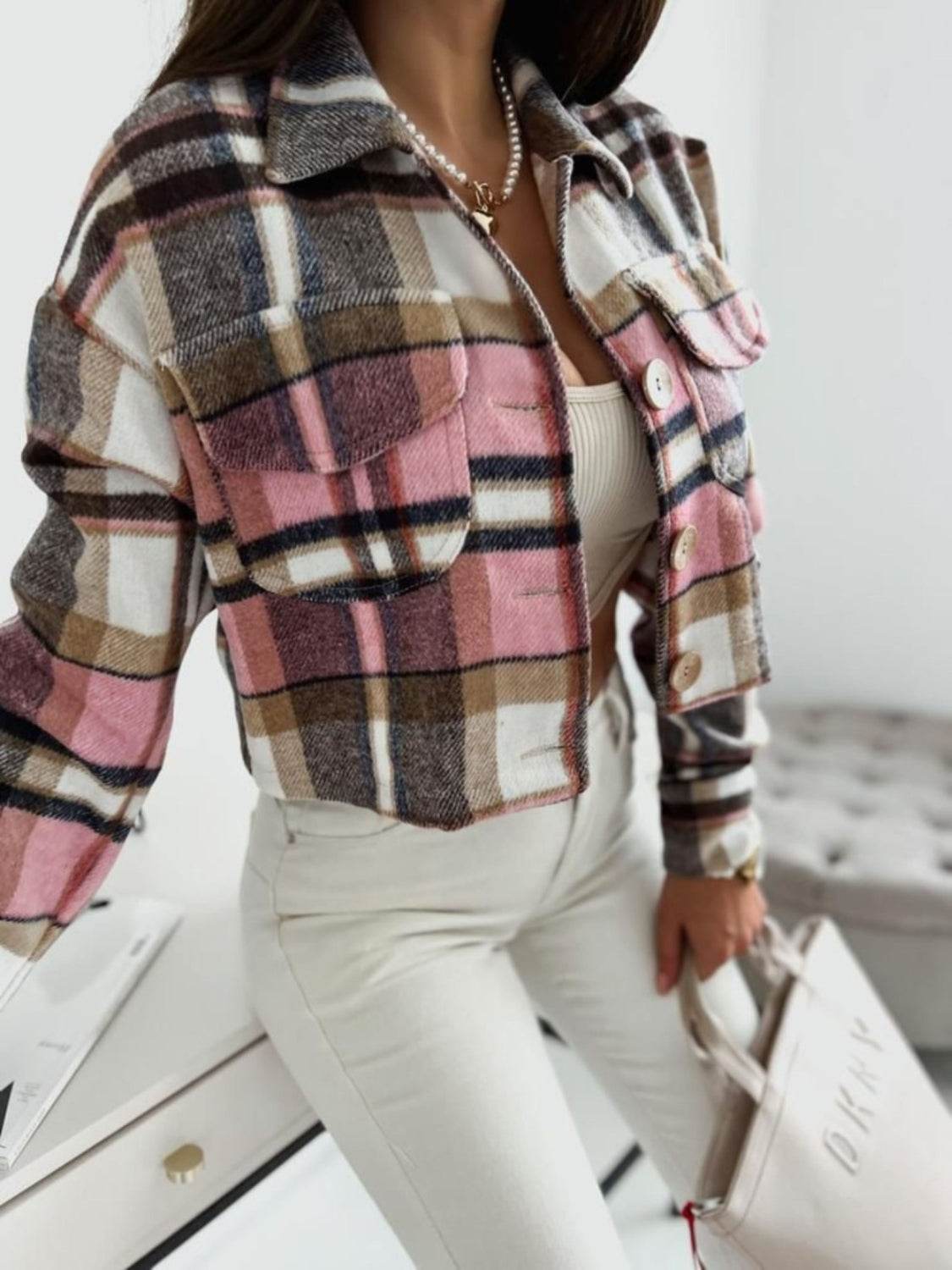 Pocketed Collared Neck Long Sleeve Plaid Jacket Pink for a perfect OOTD – dress to impress outfits from Amexza