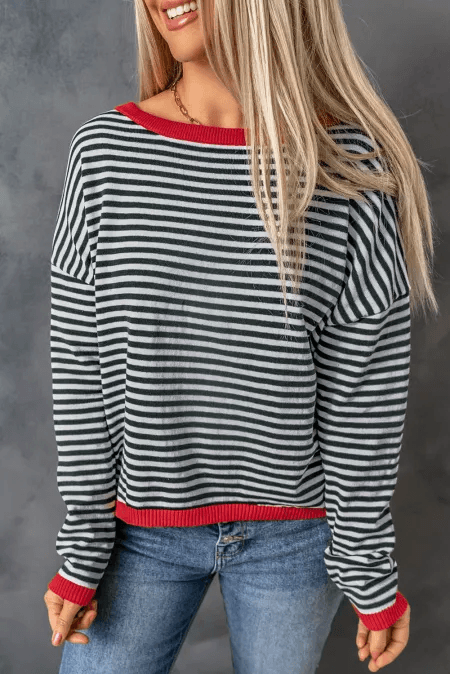 Striped Round Neck Drop Shoulder T-Shirt for a perfect OOTD – dress to impress outfits from Amexza