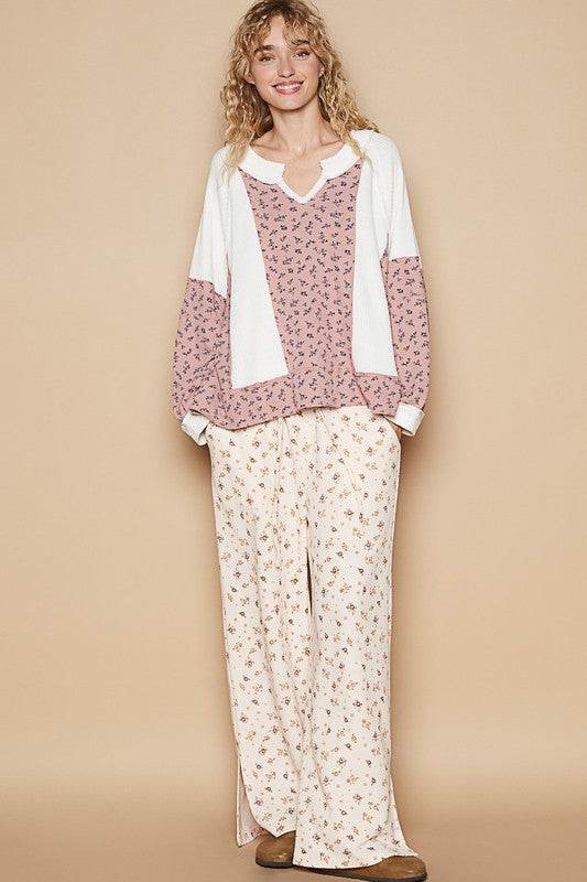 POL Waffle Knit Floral Notched Long Sleeve Top - Amexza