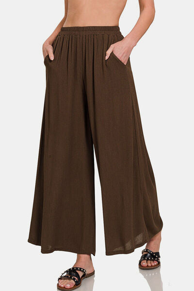 Zenana Woven Wide Leg Pants With Pockets BROWN for a perfect OOTD – dress to impress outfits from Amexza