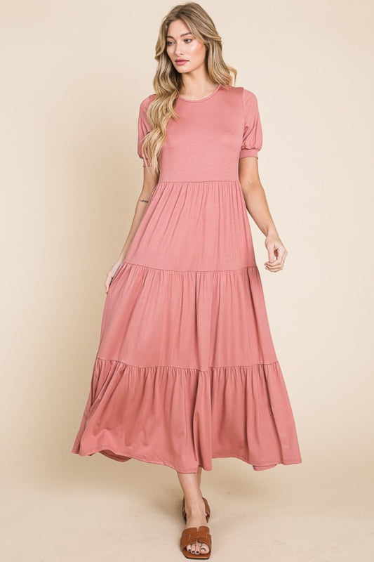 BOMBOM Short Sleeve Tiered Maxi Dress - Brick / S