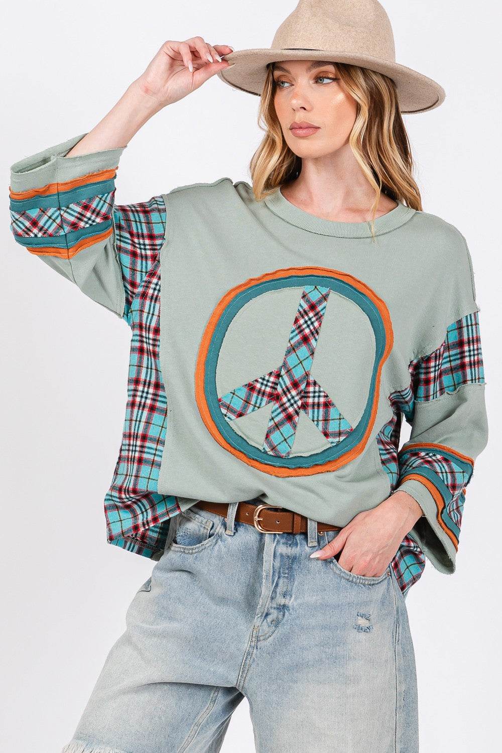 SAGE + FIG Peace Applique Patch Contrast Plaid Top Autumn Sage for a perfect OOTD – dress to impress outfits from Amexza