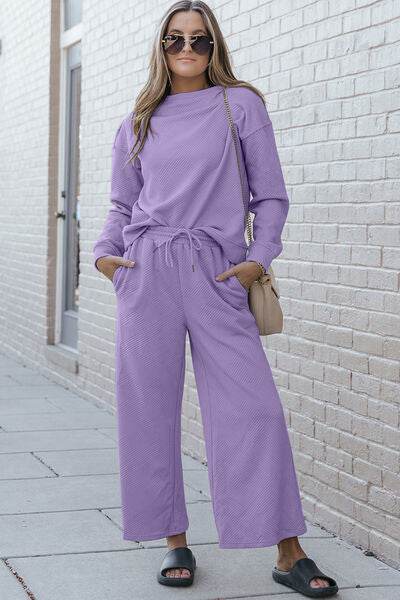 Double Take Full Size Textured Long Sleeve Top and Drawstring Pants Set Lavender for a perfect OOTD – dress to impress outfits from Amexza