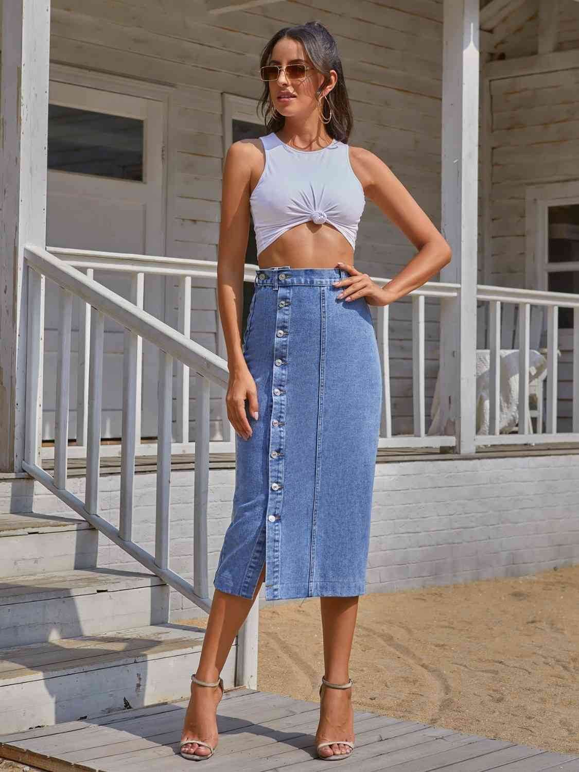 Button Down Denim Skirt - Amexza