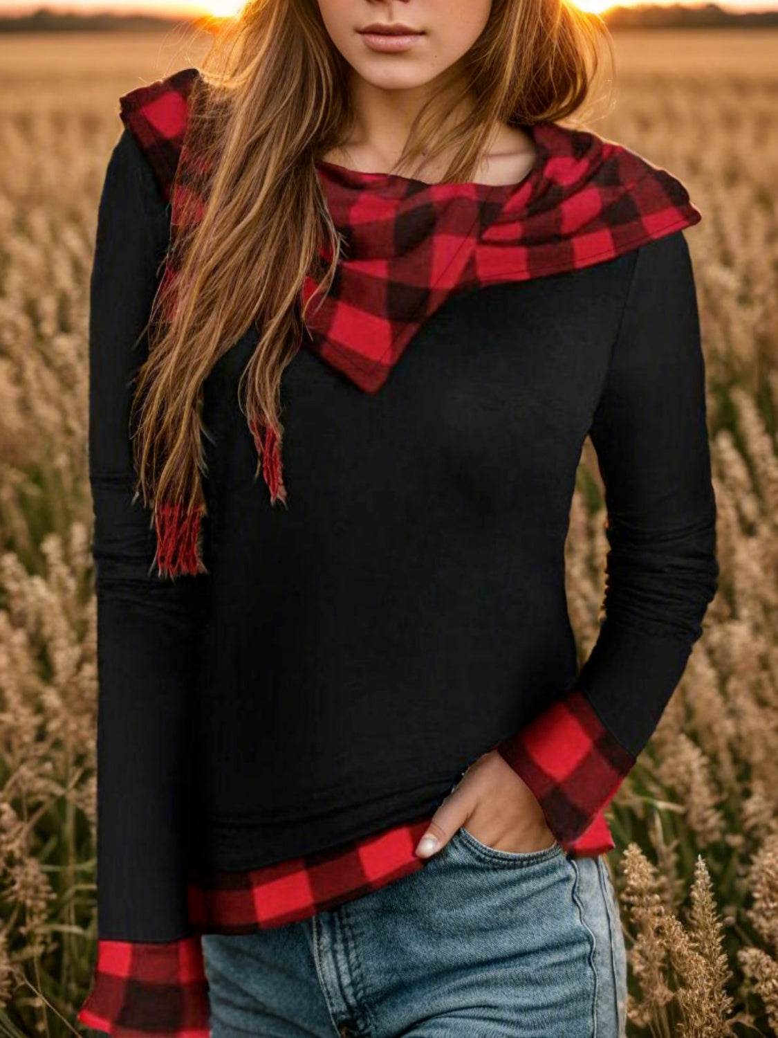 Plaid Long Sleeve Hooded Blouse Black for a perfect OOTD – dress to impress outfits from Amexza