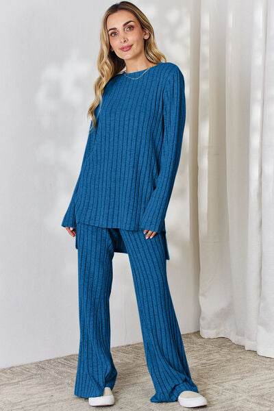 Basic Bae Full Size Ribbed High-Low Top and Wide Leg Pants Set Royal Blue for a perfect OOTD – dress to impress outfits from Amexza