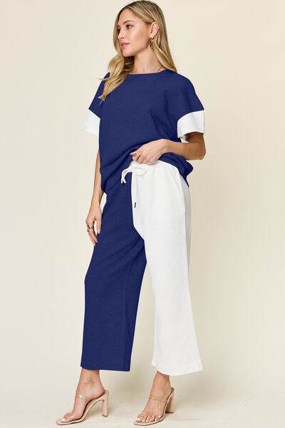 Double Take Full Size Texture Contrast T-Shirt and Wide Leg Pants Set for a perfect OOTD – dress to impress outfits from Amexza