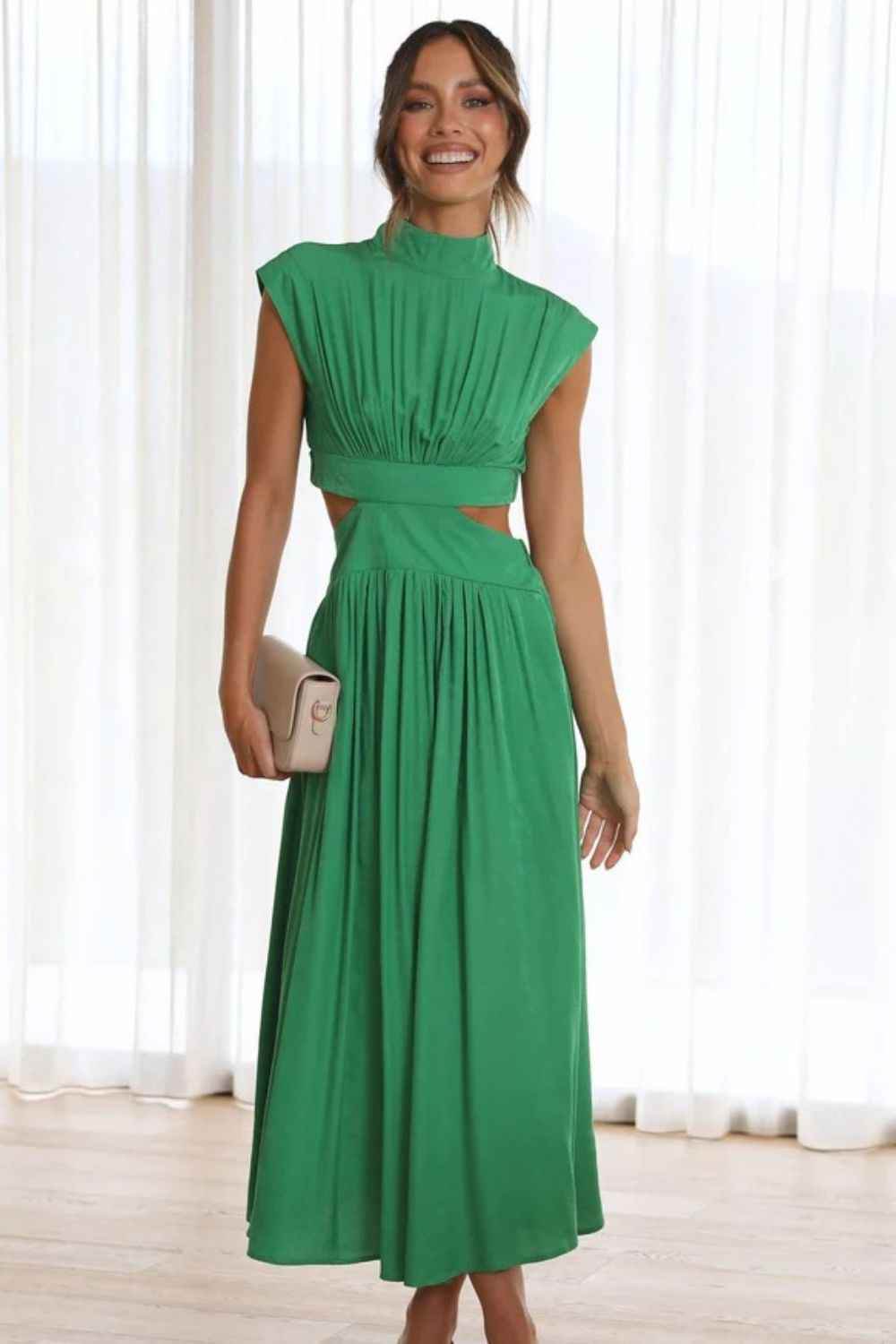 Cutout Mock Neck Sleeveless Ruched Dress Green for a perfect OOTD – dress to impress outfits from Amexza