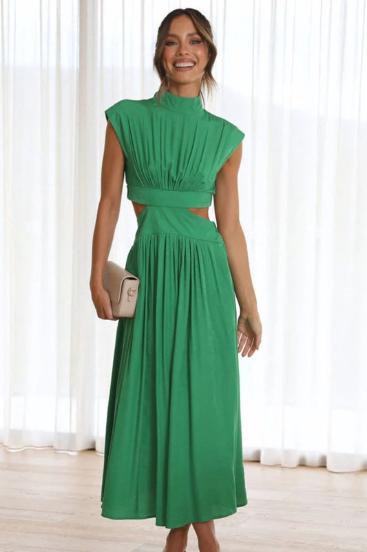 Cutout Mock Neck Sleeveless Ruched Dress - Green / S