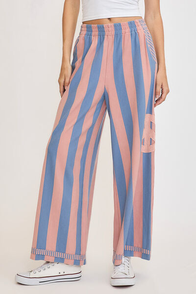 Umgee Peace Sign Patch Striped Wide Leg Pants DUSTY BLUE for a perfect OOTD – dress to impress outfits from Amexza