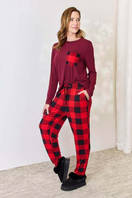 Zenana Full Size Plaid Round Neck Top and Pants Pajama Set for a perfect OOTD – dress to impress outfits from Amexza