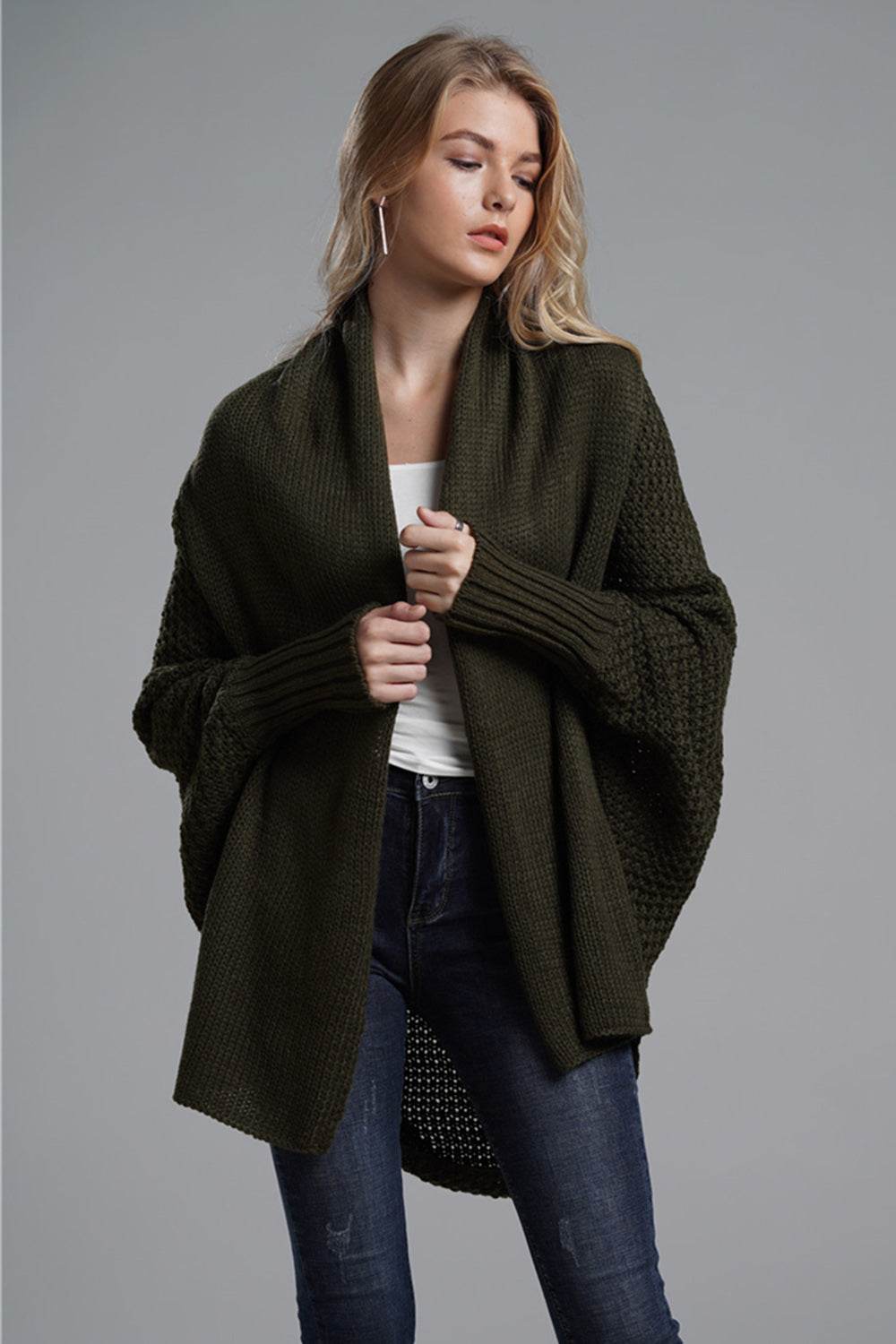 Open Front Batwing Sleeve Cardigan Army Green One Size for a perfect OOTD – dress to impress outfits from Amexza