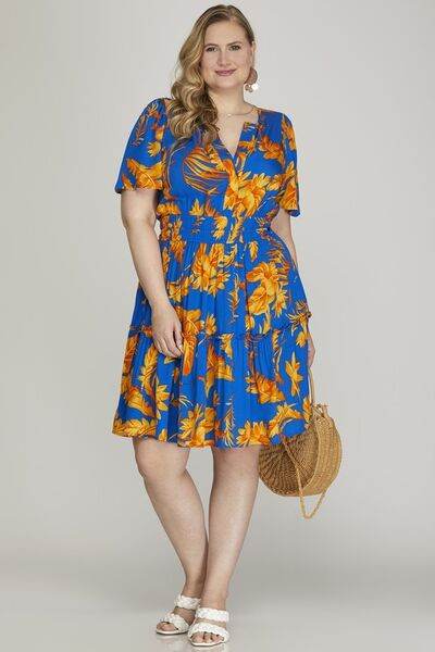 She + Sky Full Size Printed Notched Short Sleeve Frill Tiered Dress Plus Size for a perfect OOTD – dress to impress outfits from Amexza