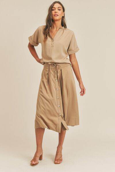 MABLE Short Sleeve Top and Button Down Midi Skirt Set - Amexza