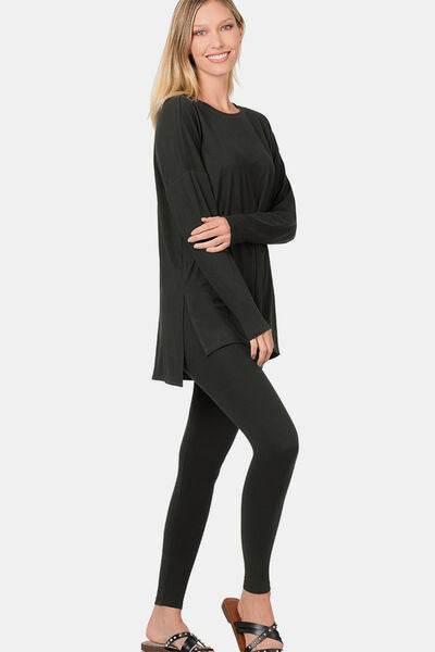 Zenana Full Size Brushed Microfiber Top and Leggings Lounge Set Black for a perfect OOTD – dress to impress outfits from Amexza