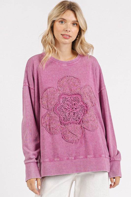 Mittoshop Flower Patch Side Slit Mineral Wash Round Neck Sweatshirt - Amexza