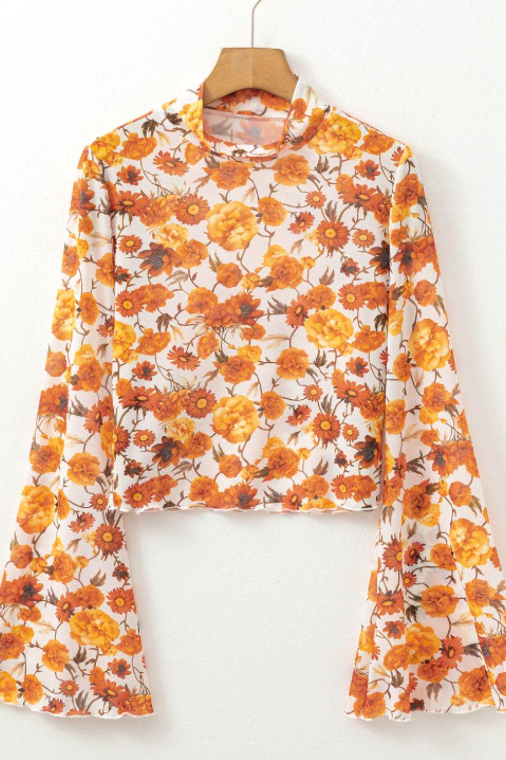 Printed Mock Neck Flare Sleeve Top - Amexza
