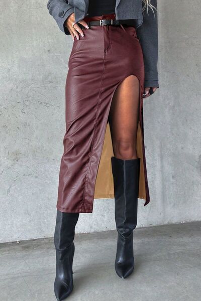 Slit Midi Skirt with Pockets Burgundy for a perfect OOTD – dress to impress outfits from Amexza